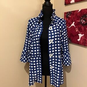 IC BY CONNIE K Sheer Subtle Navy, White Checkered Ruffle Collar Jacket Top